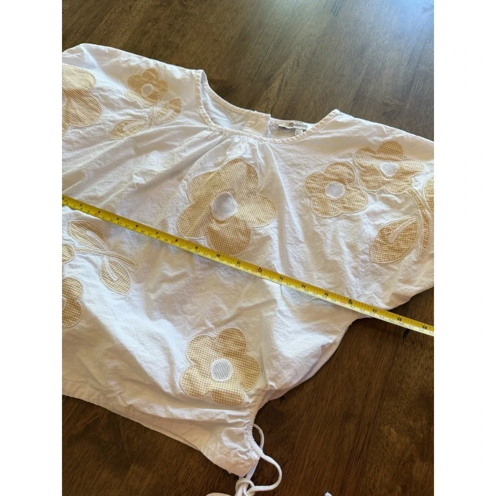 Madewell Gingham Floral Applique Puff Sleeve Drawstring Top White Yellow XXS